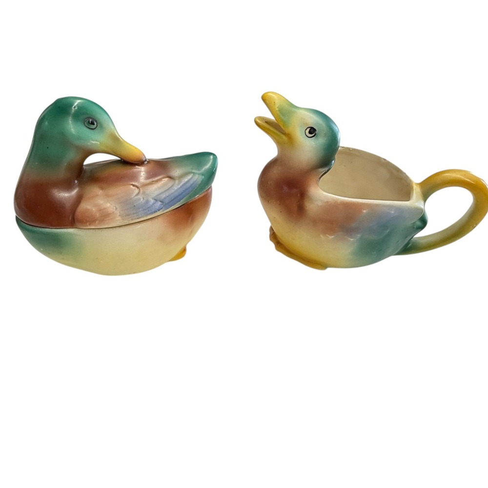 Vintage Czechoslovakia Mallard Duck‎ Cream and Sugar Ceramic Set Handpainted